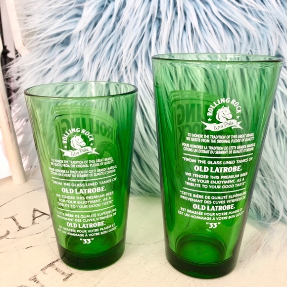 Rolling Rock, Beer Glasses Green Beer Glass, 17oz & 13oz Set of 2 Nice Condition - Picture 2 of 11